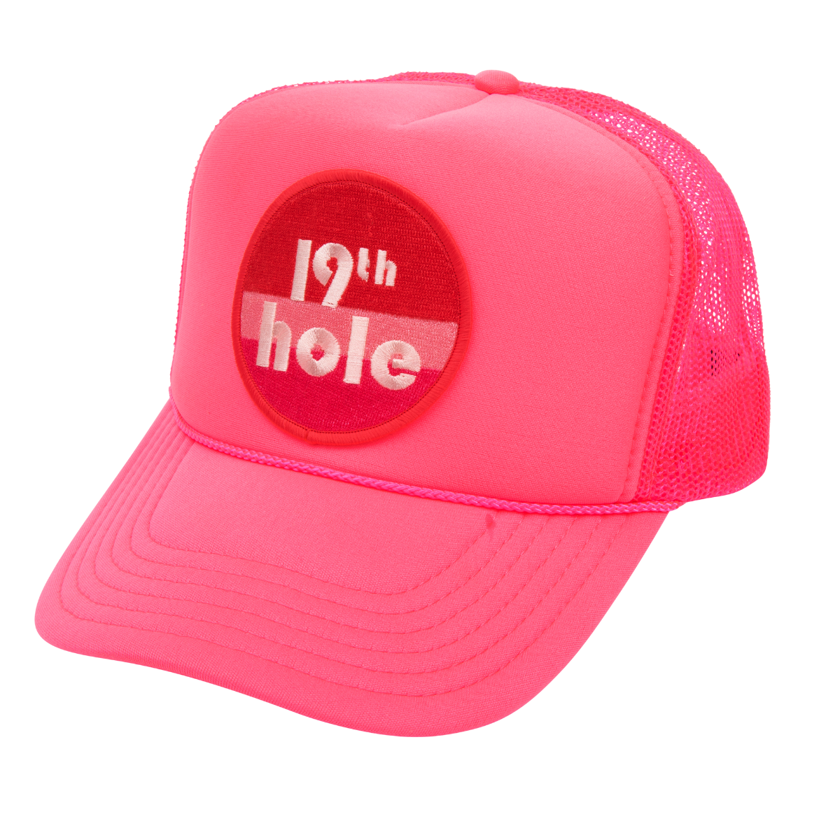 Hot pink 19th hole golf trucker hat.