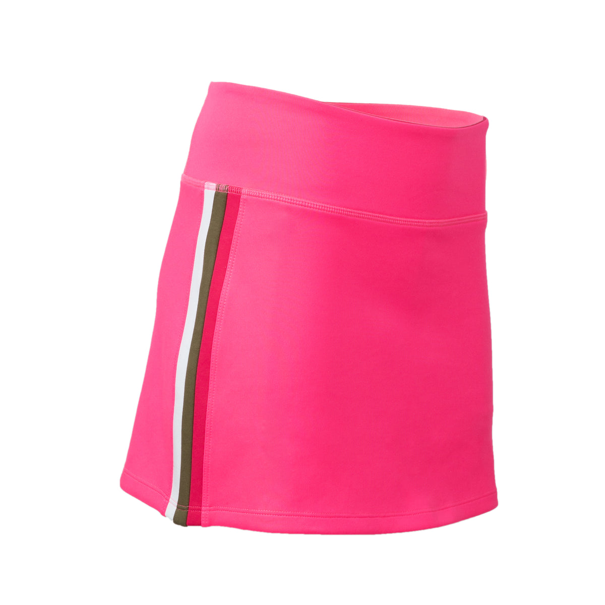 Hot pink Foreplay golf skirt on a ghost mannequin. 