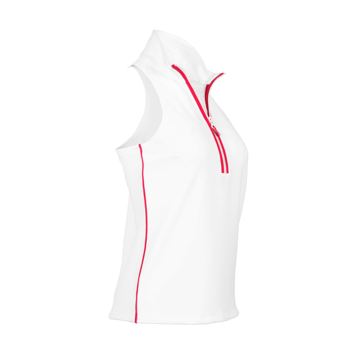 Side profile of White Back Nine womens golf sleeveless shirt