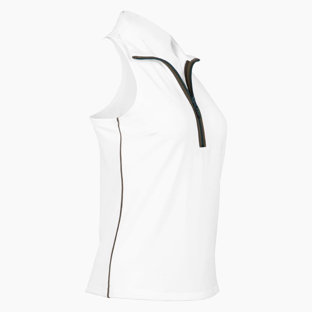 Side profile of White Back Nine womens golf sleeveless shirt