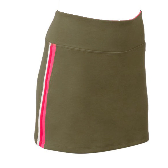 Olive green Foreplay golf skirt on a ghost mannequin.