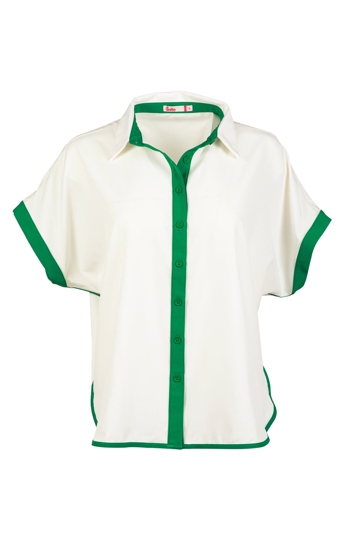 White and green Caddy Camp golf shirt in flat lay studio shot.