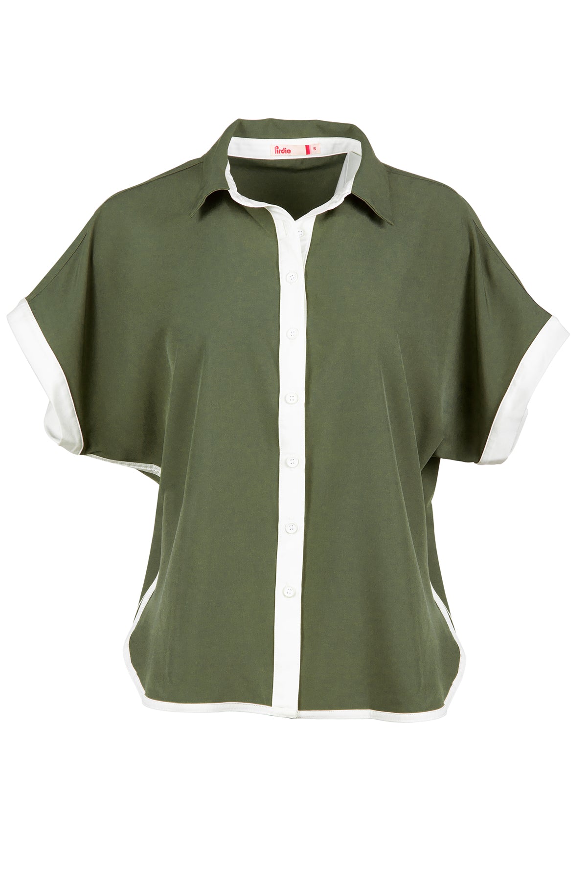 Olive Caddy Camp golf shirt in flat lay studio shot.