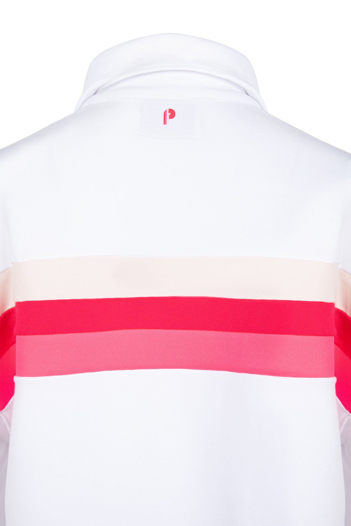 Back of white Murray womens golf long sleeve collared shirt with pink accents. 