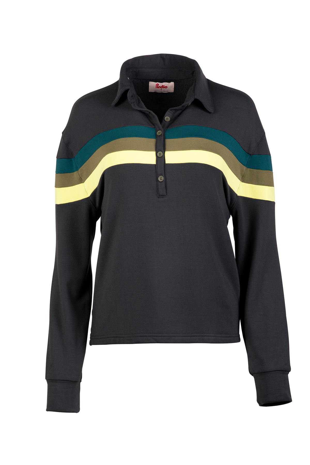 Black Murray womens golf long sleeve collared shirt with blue and green accents. 