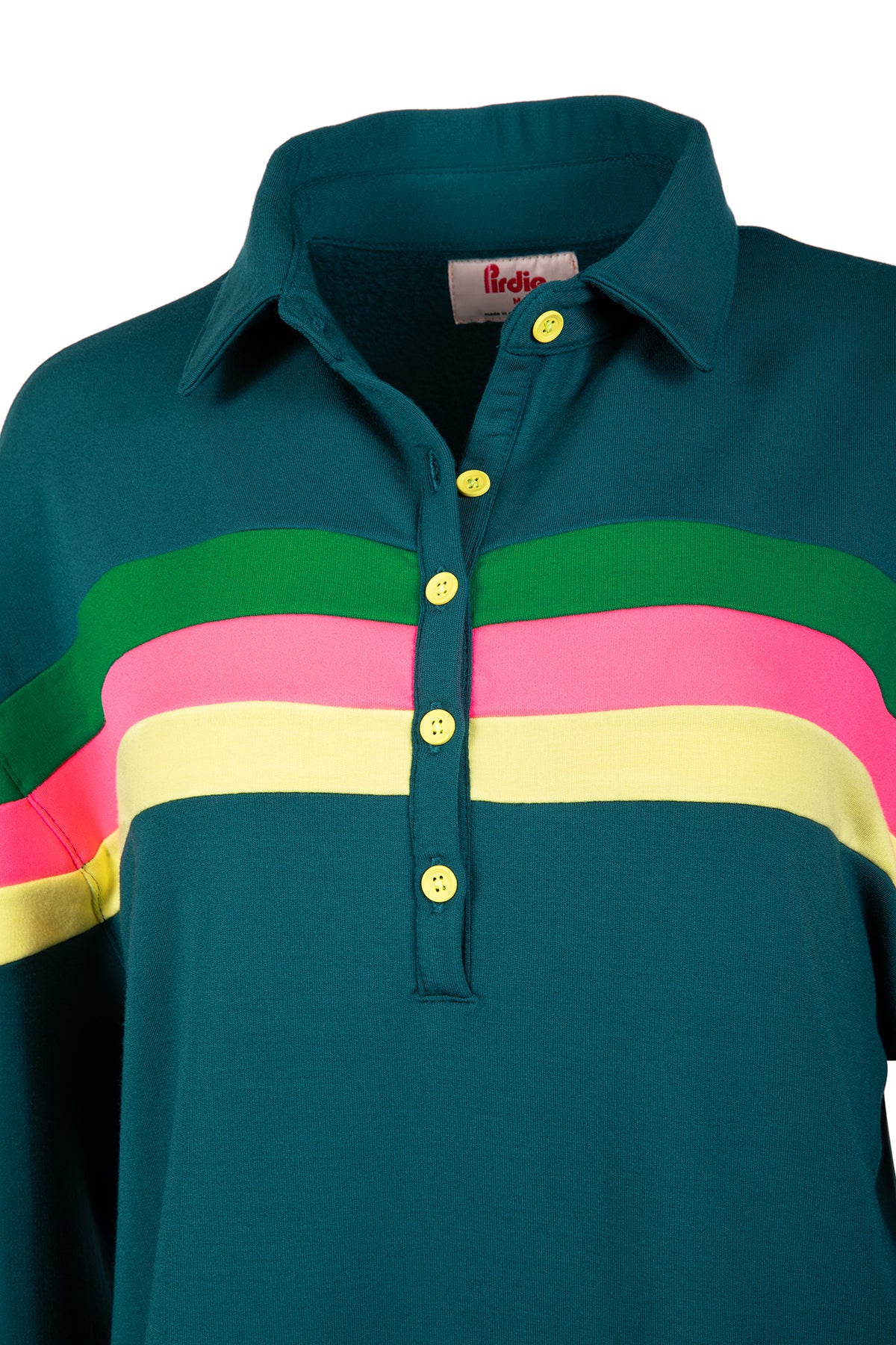 Teal Murray Collared womens golf long sleeve shirt with green, pink, and yellow accents. 