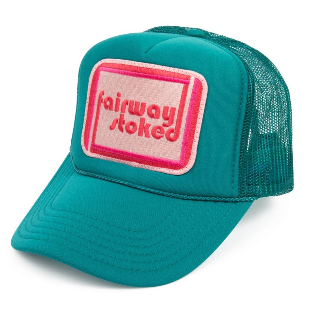 Teal Fairway Stoked golf trucker hat on white background.