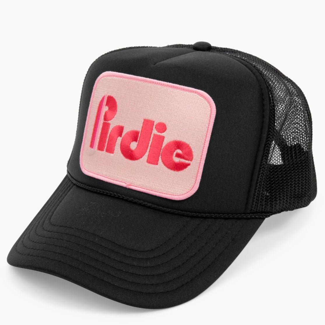 Pirdie golf trucker hat in black.