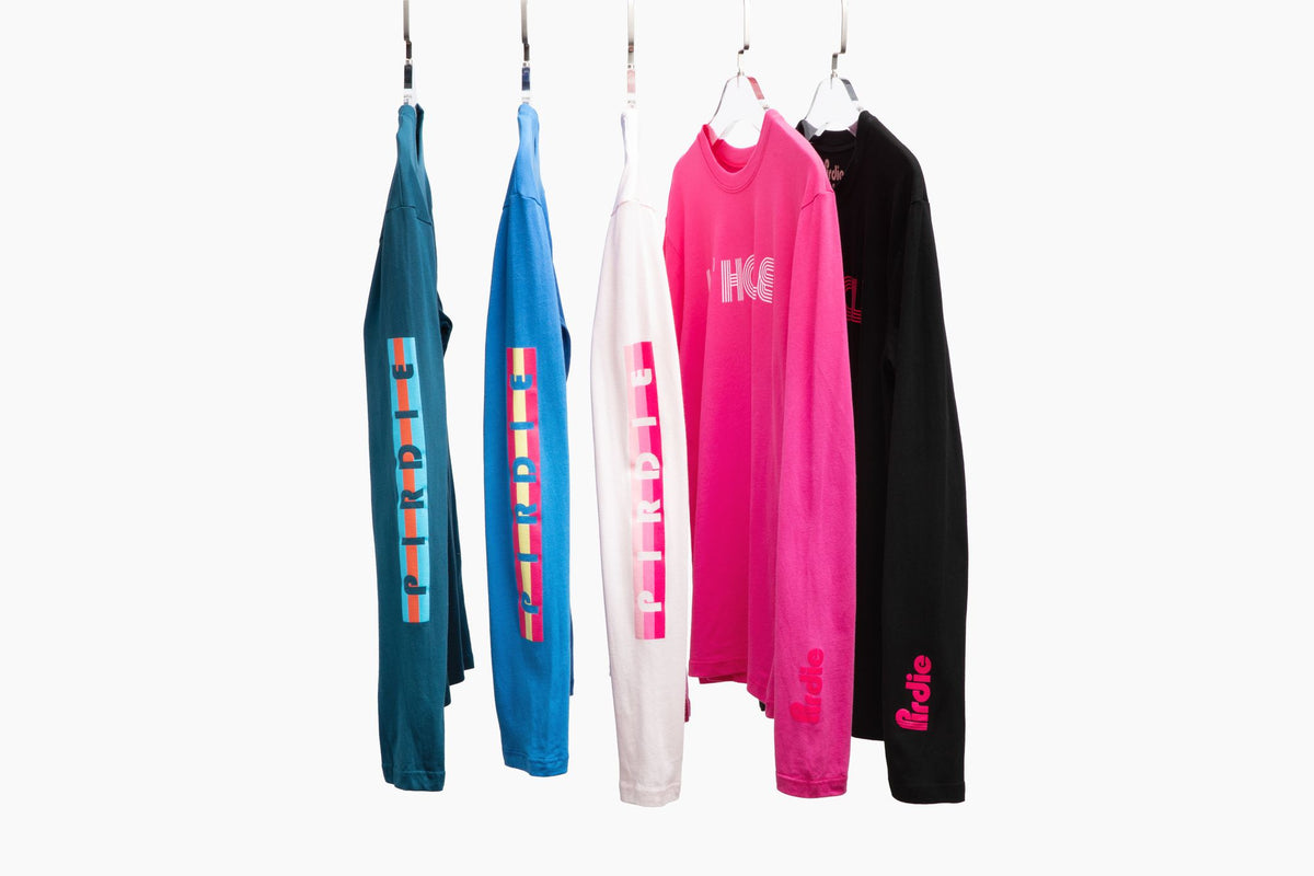 All of Pirdie's longsleeve golf t-shirts on hangers.