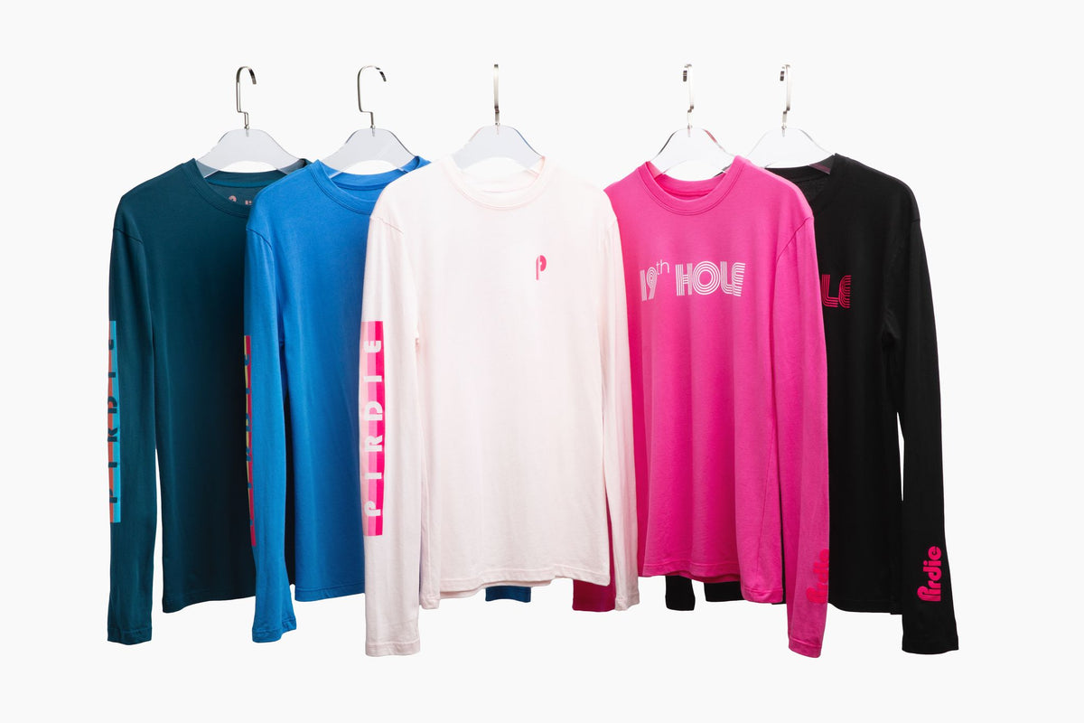 All of Pirdie's longsleeve golf t-shirts on hangers.