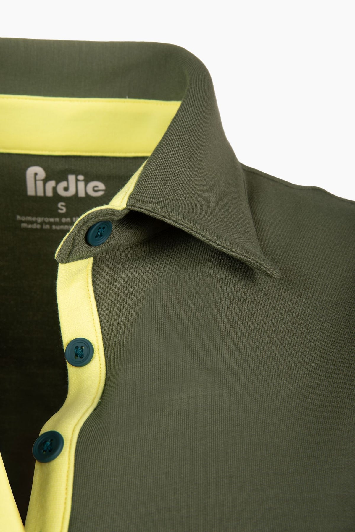 Collar of June Daly women's golf polo in olive green. 