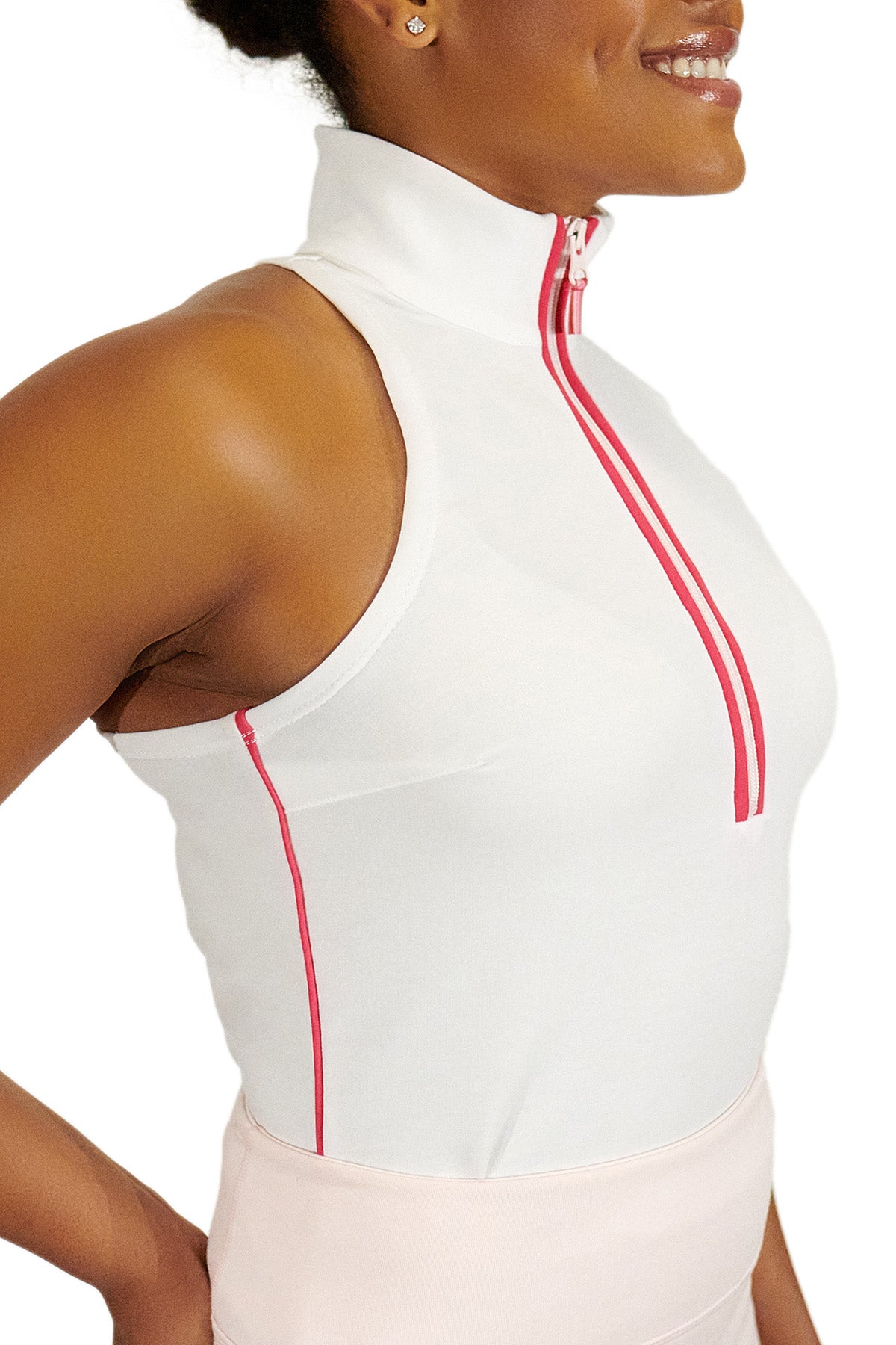 Model wearing White Back Nine womens golf sleeveless shirt with white zipper
